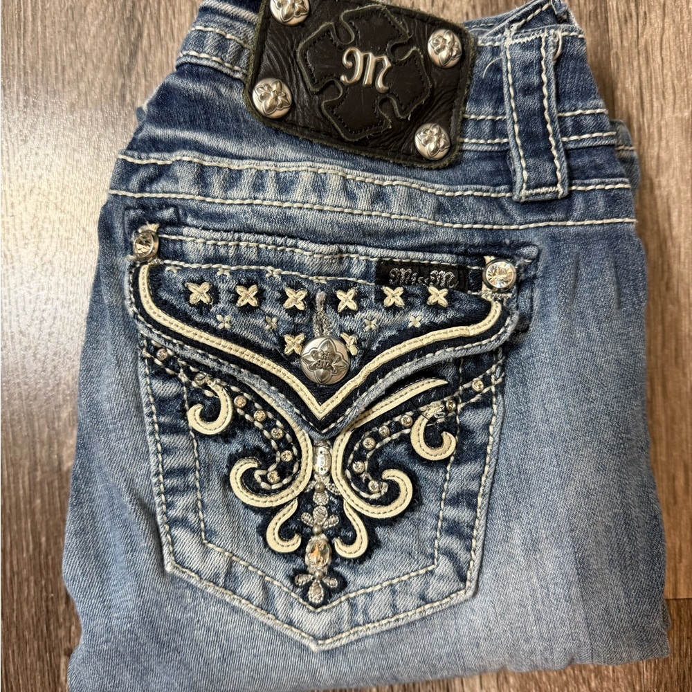 Miss Me Blue Straight Leg Jeans with Embellished Pockets